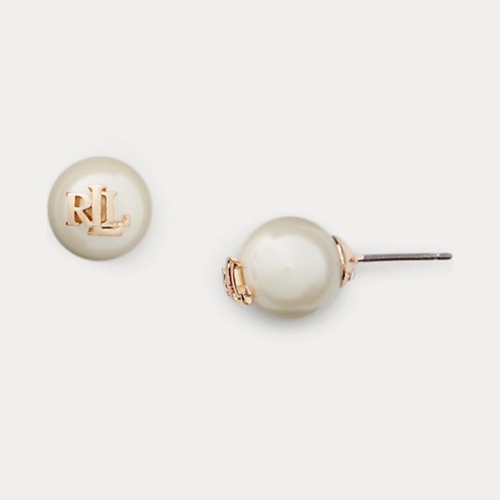 Lauren Ralph Lauren Pearl w/Logo Stud Earrings